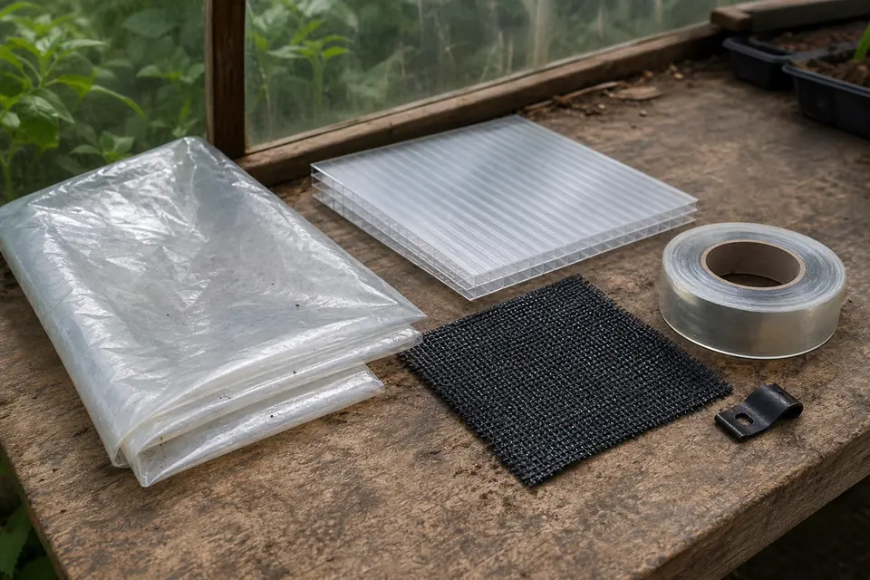 Practical greenhouse covering material samples laid out for comparison