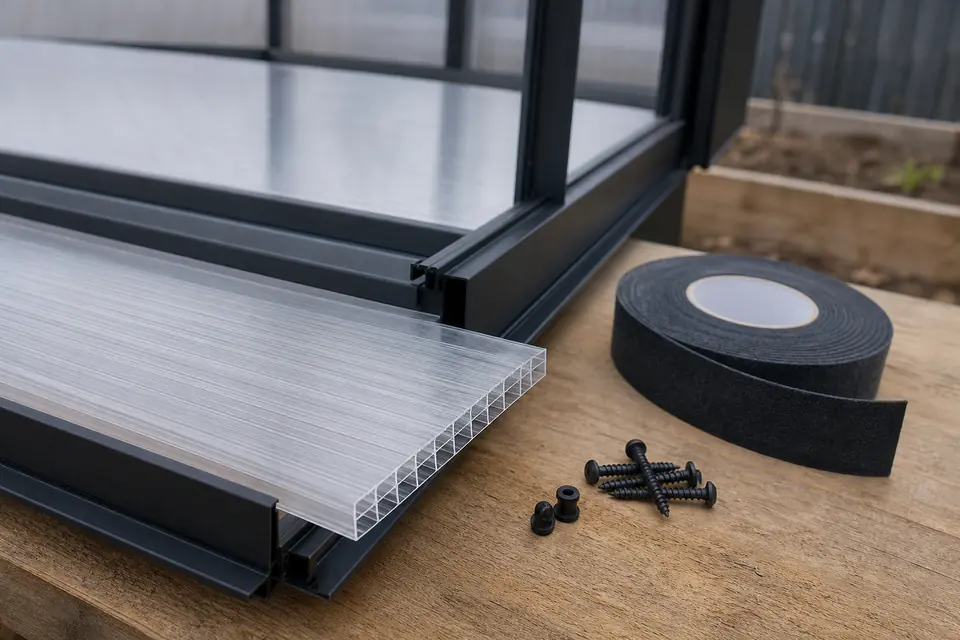Multiwall polycarbonate panel fitted into an aluminium glazing bar