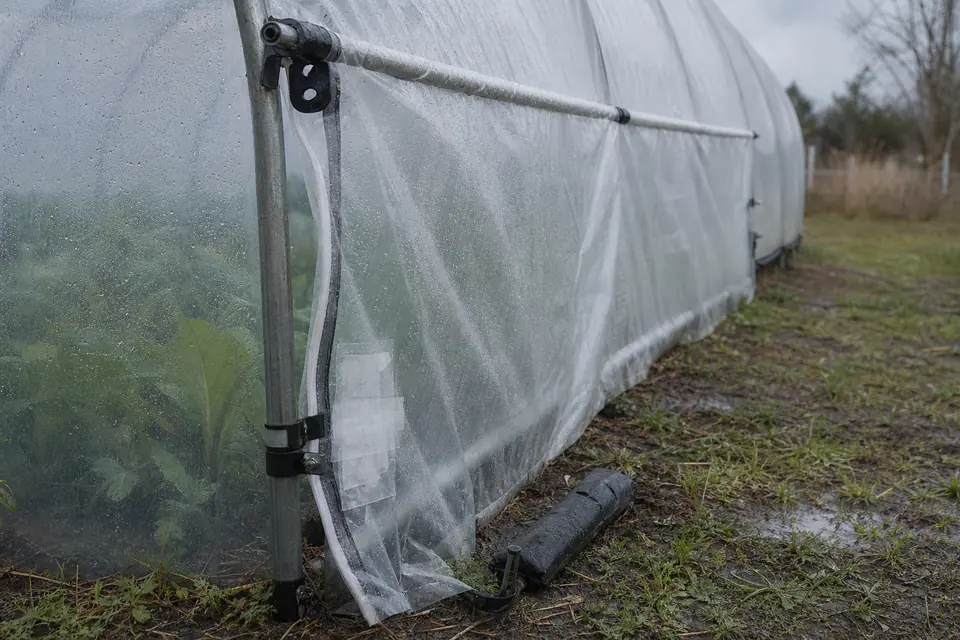 Greenhouse film edge with roll-up-side hardware and a weather repair patch