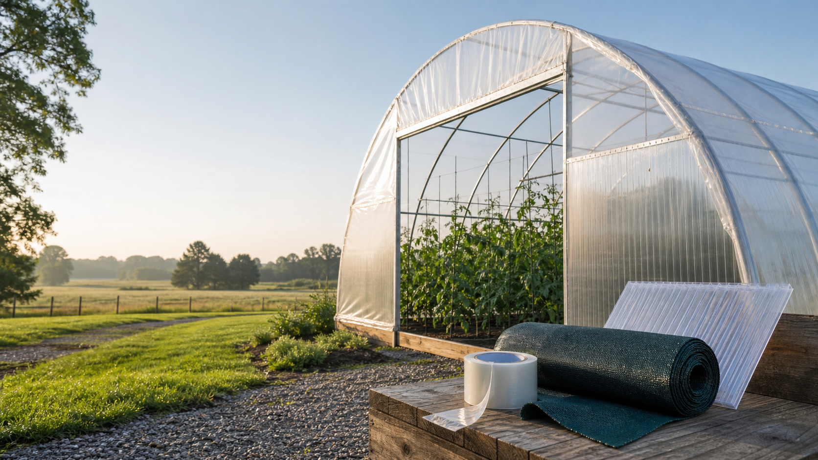 A covered hoop greenhouse with rolls of greenhouse film, shade material and repair tape